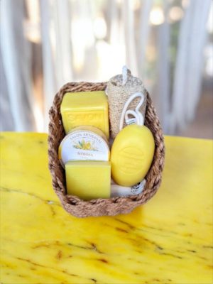 Basket of Mimosa Soaps with Loofah