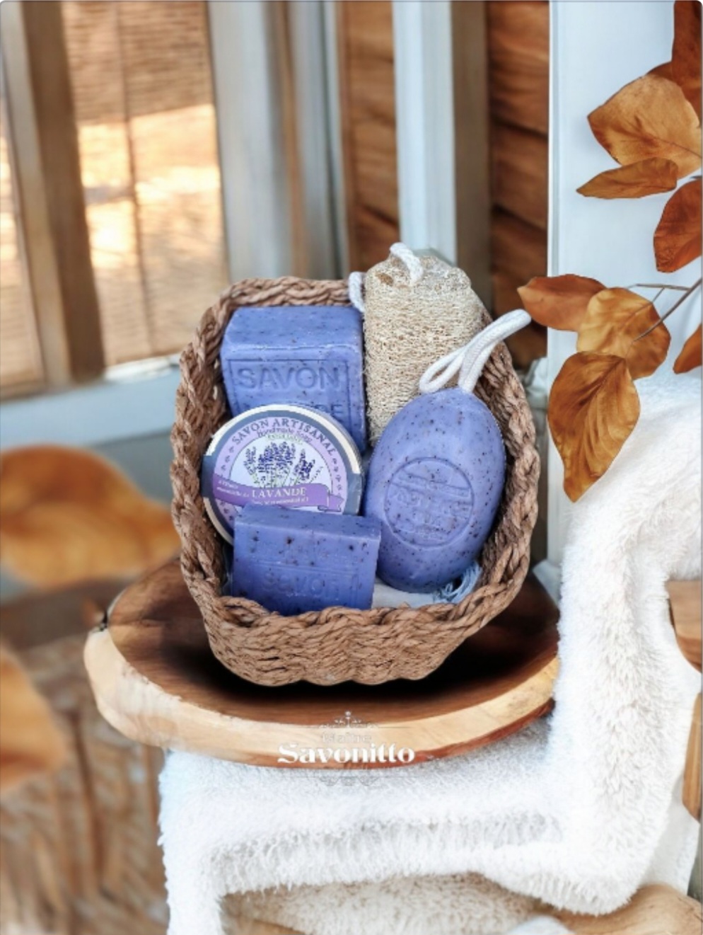 Basket of Lavender Soaps with Loofah