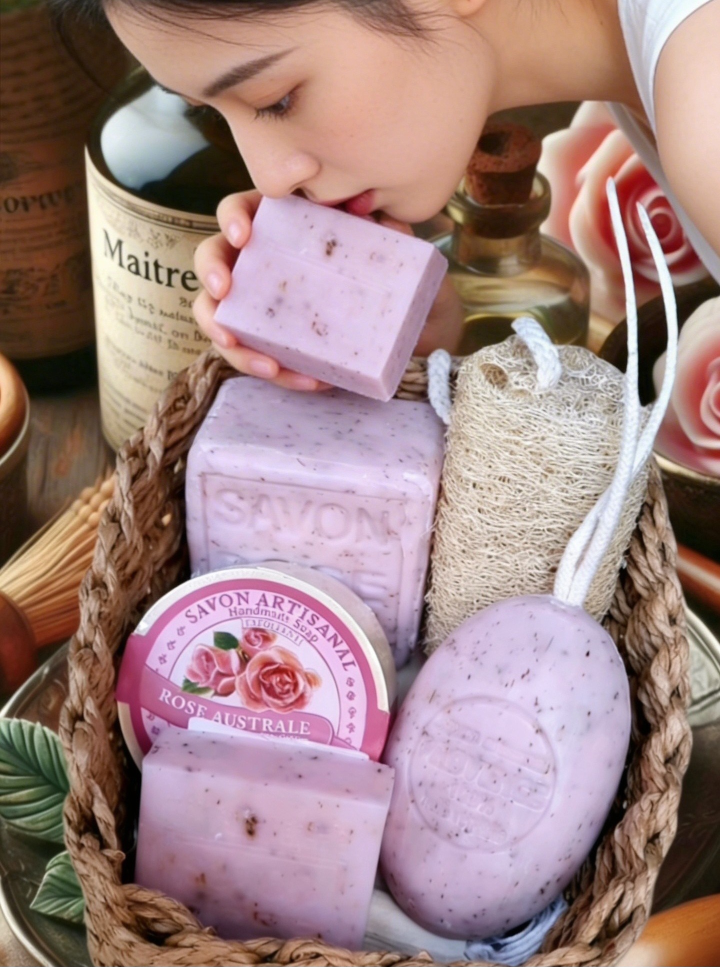 Basket of Roses Soaps with Loofah