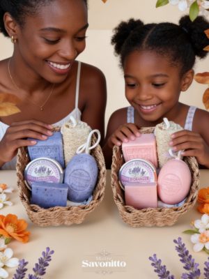 Basket of Orange Blossom Soaps with Loofah