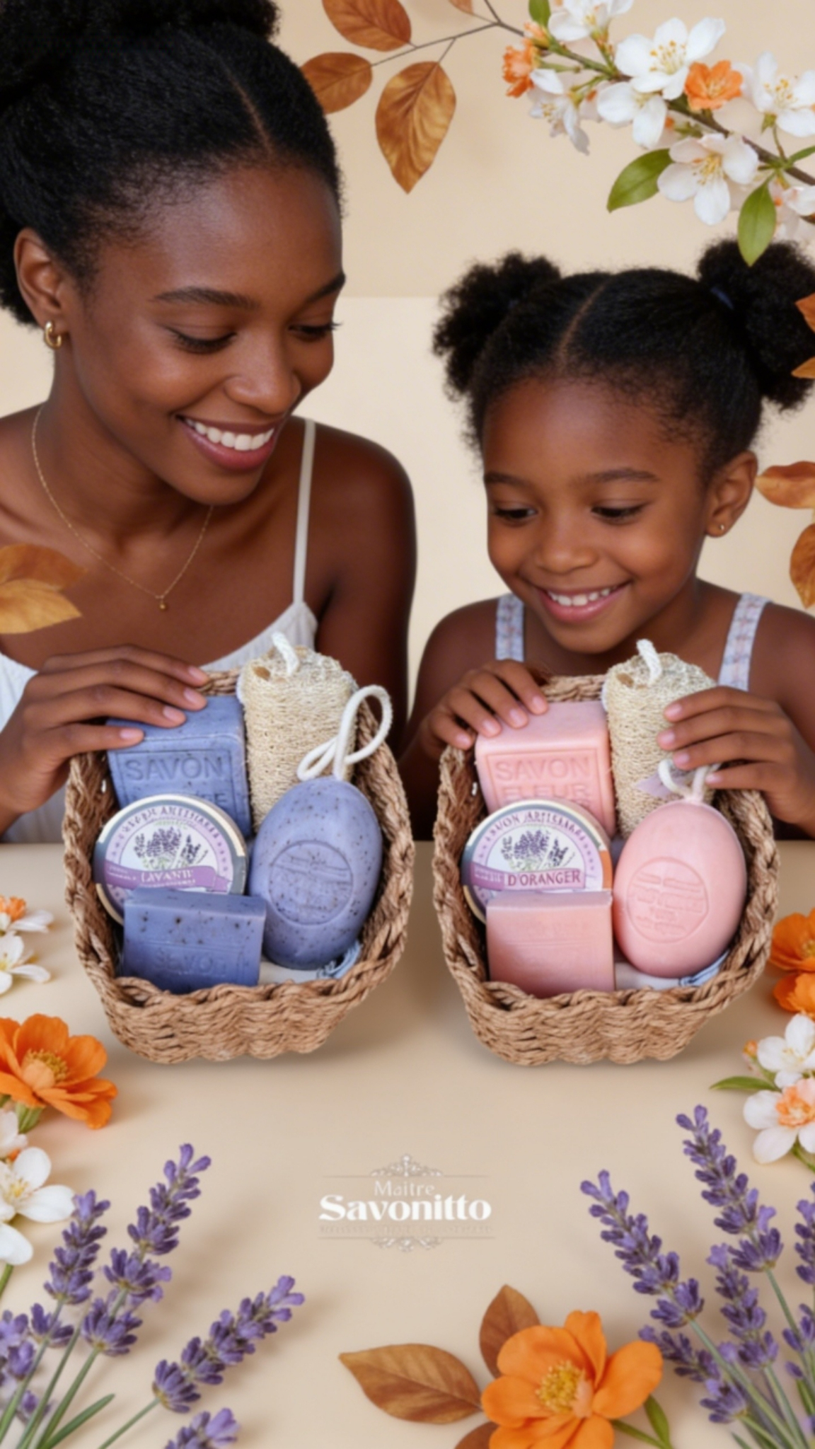 Basket of Orange Blossom Soaps with Loofah