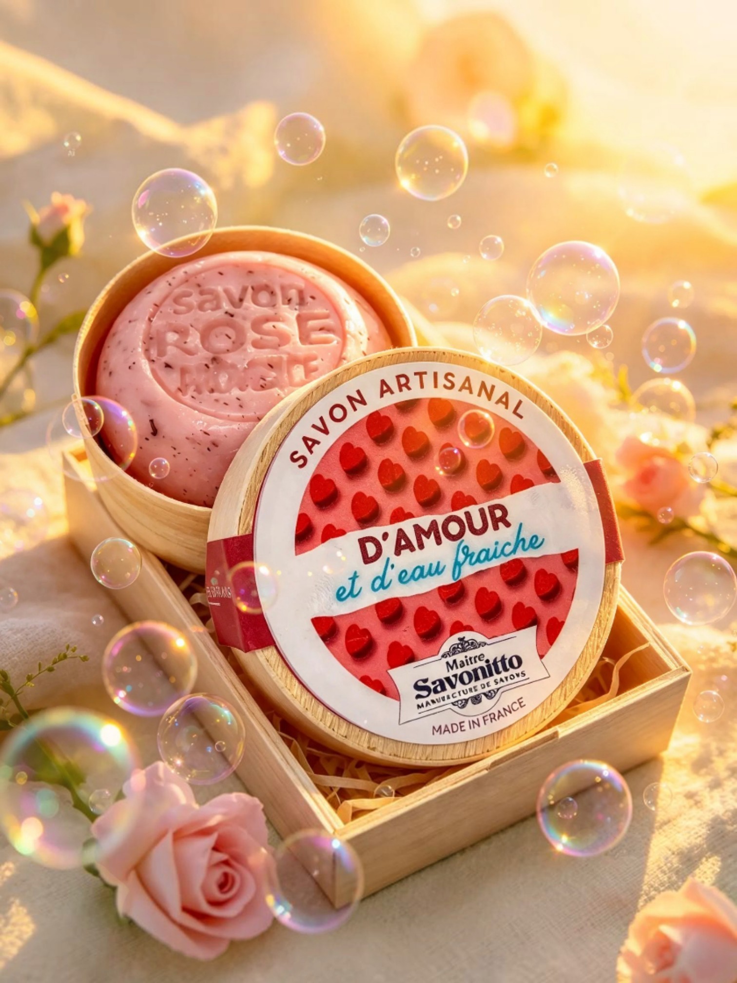 Love and fresh water, ROSE Soap in a wooden box